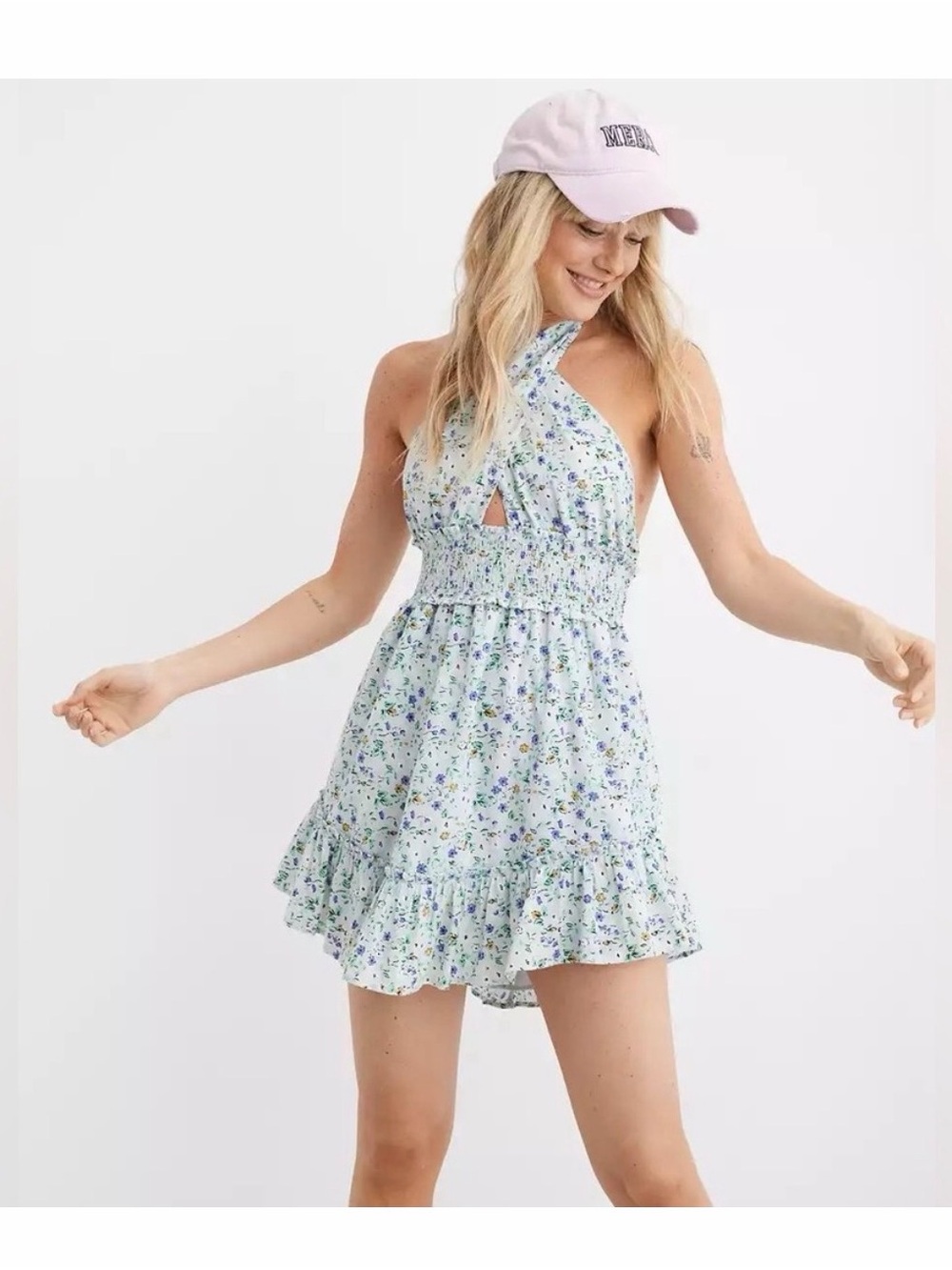 aerie Light Blue Floral Halter Mini Dress